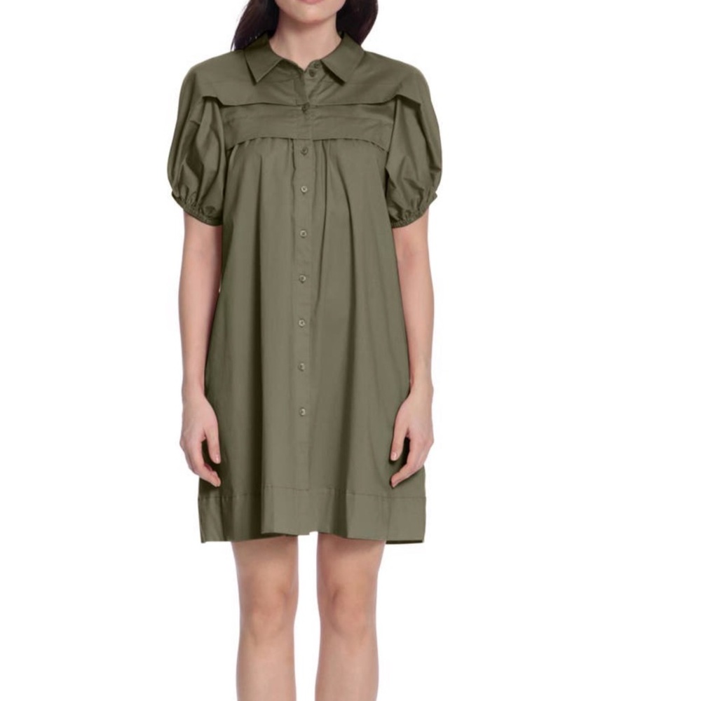 Donna Morgan puff sleeve pleated button front shirt dress in Frenchmose green